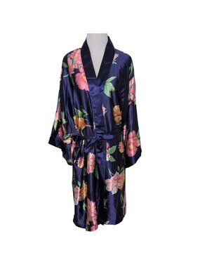 Sante Classics Satin Floral Kimono Robe Womens Size 2X Blue Belted Lightweight